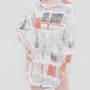 Newspaper Print Long Sleeve Shirt Dress